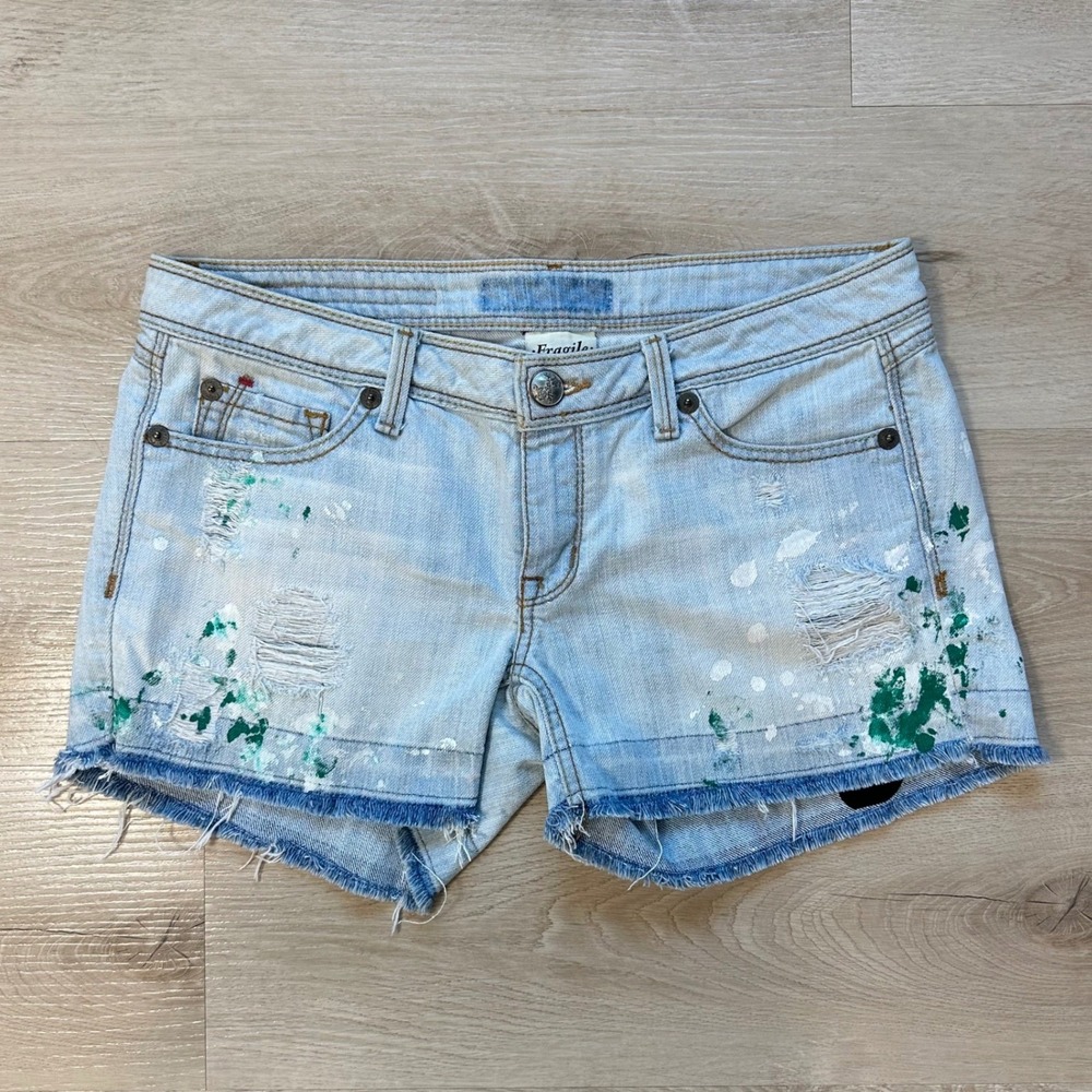 Fragile Women's Denim Jeans Shorts Distressed Paint Splatter Light Wash Y2K